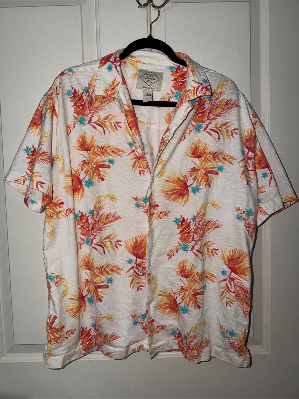 St. John's Bay White Short-Sleeve Button-Down with Orange & Teal Floral Print